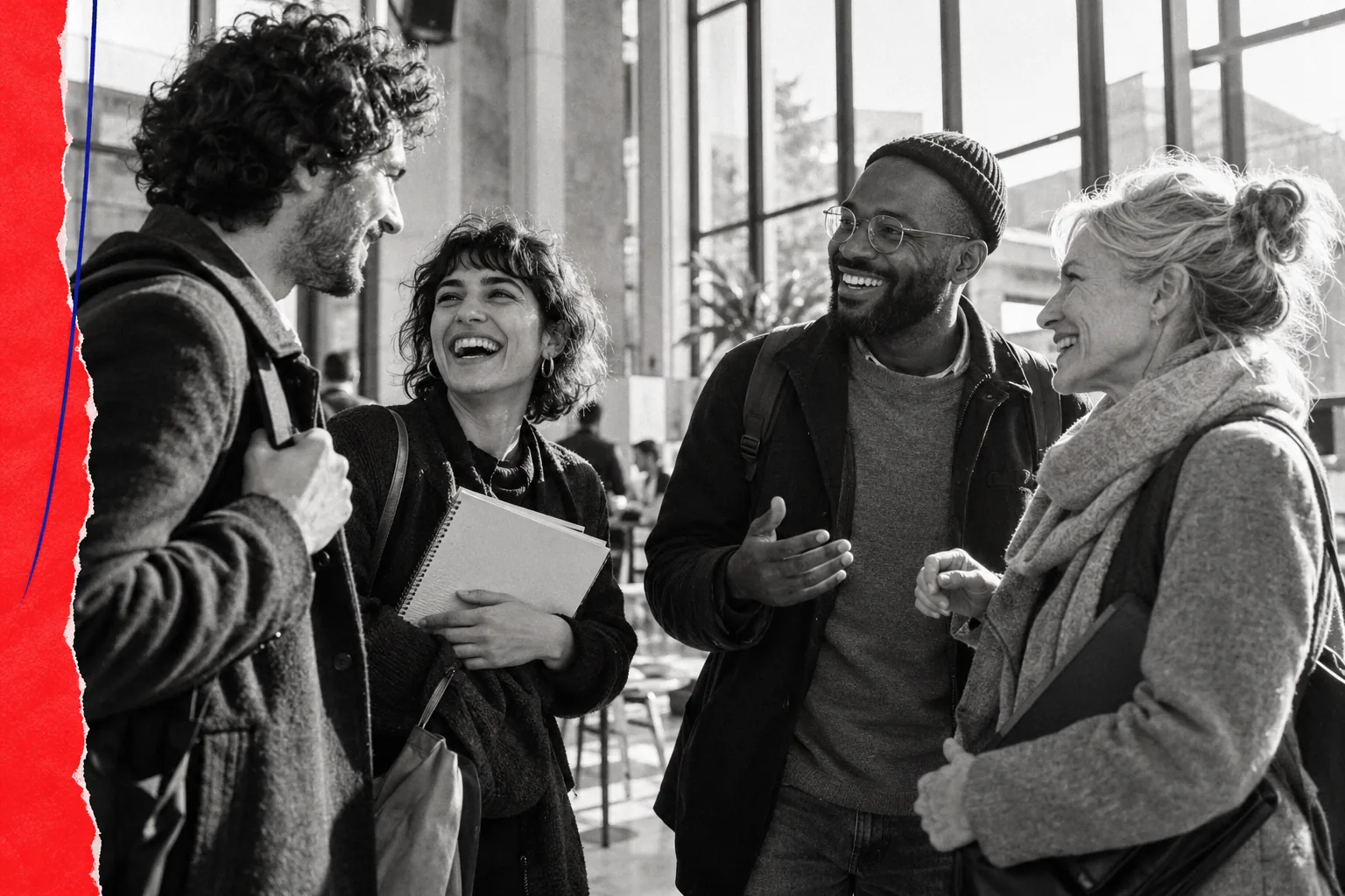 Quatre personnes de générations différentes échangent à la sortie d’un atelier.
