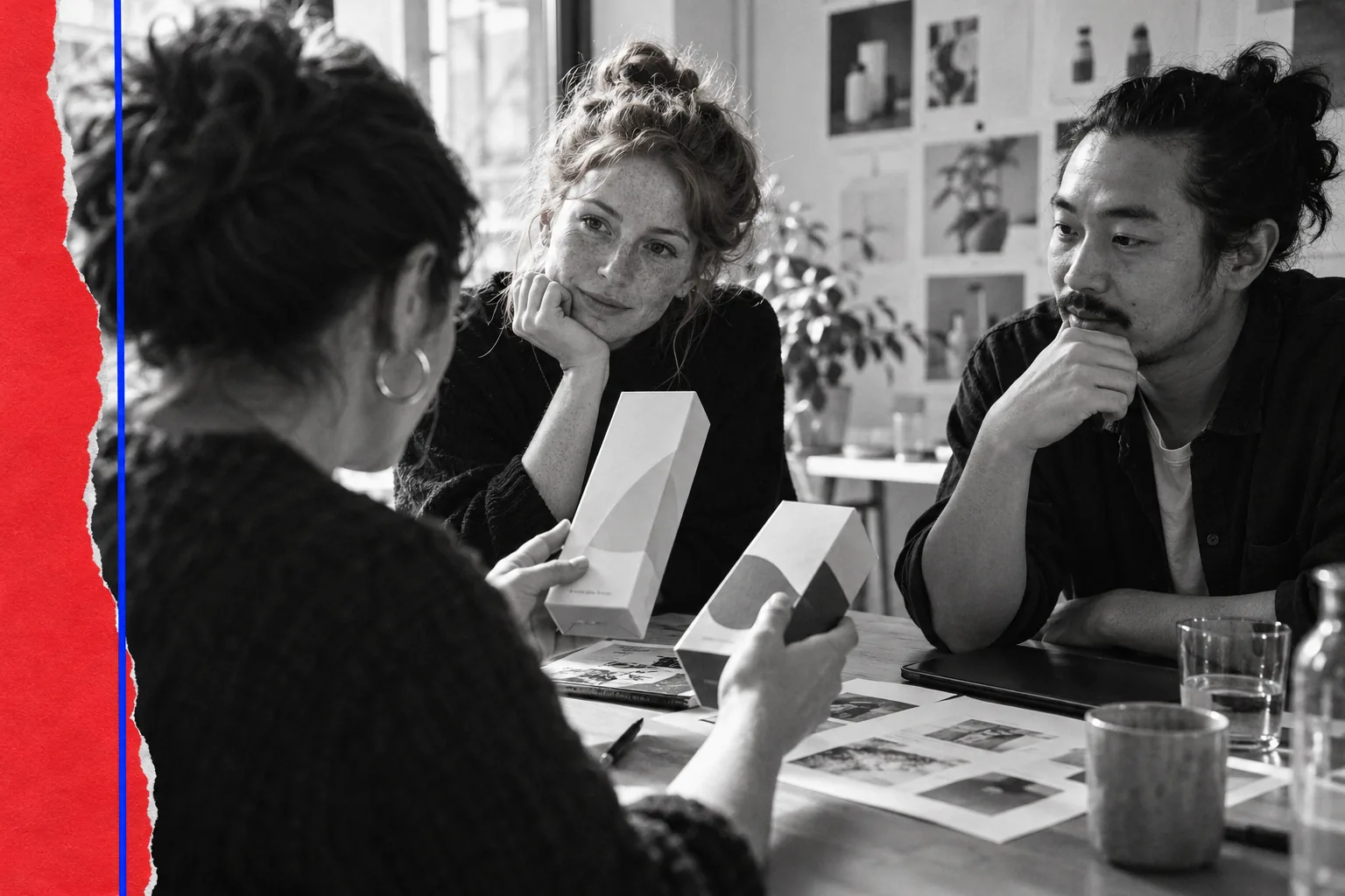 Une équipe marketing écoute les réactions d’une participante à des prototypes.