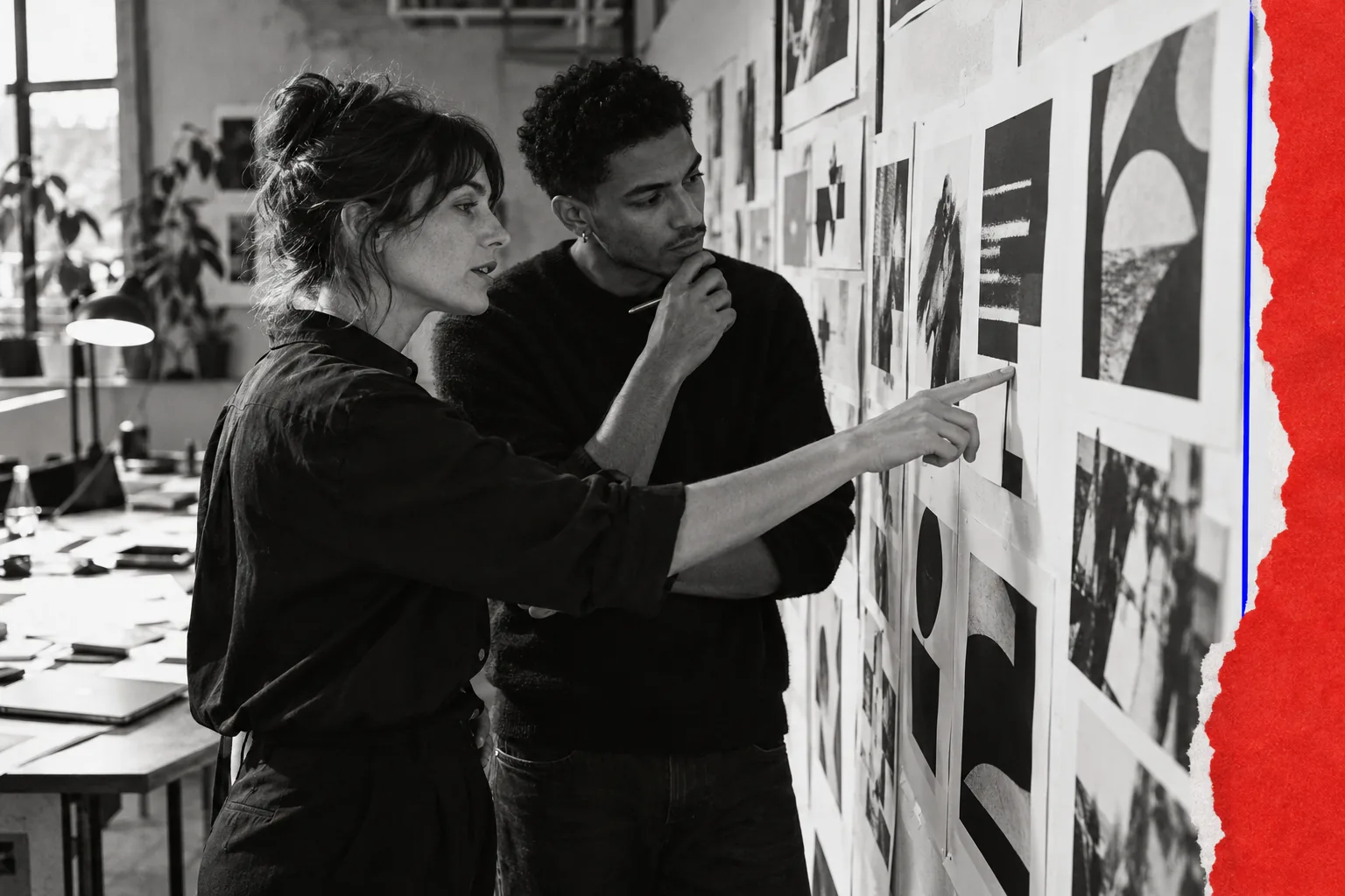 Deux professionnels de la communication relisent des supports de campagne au mur.