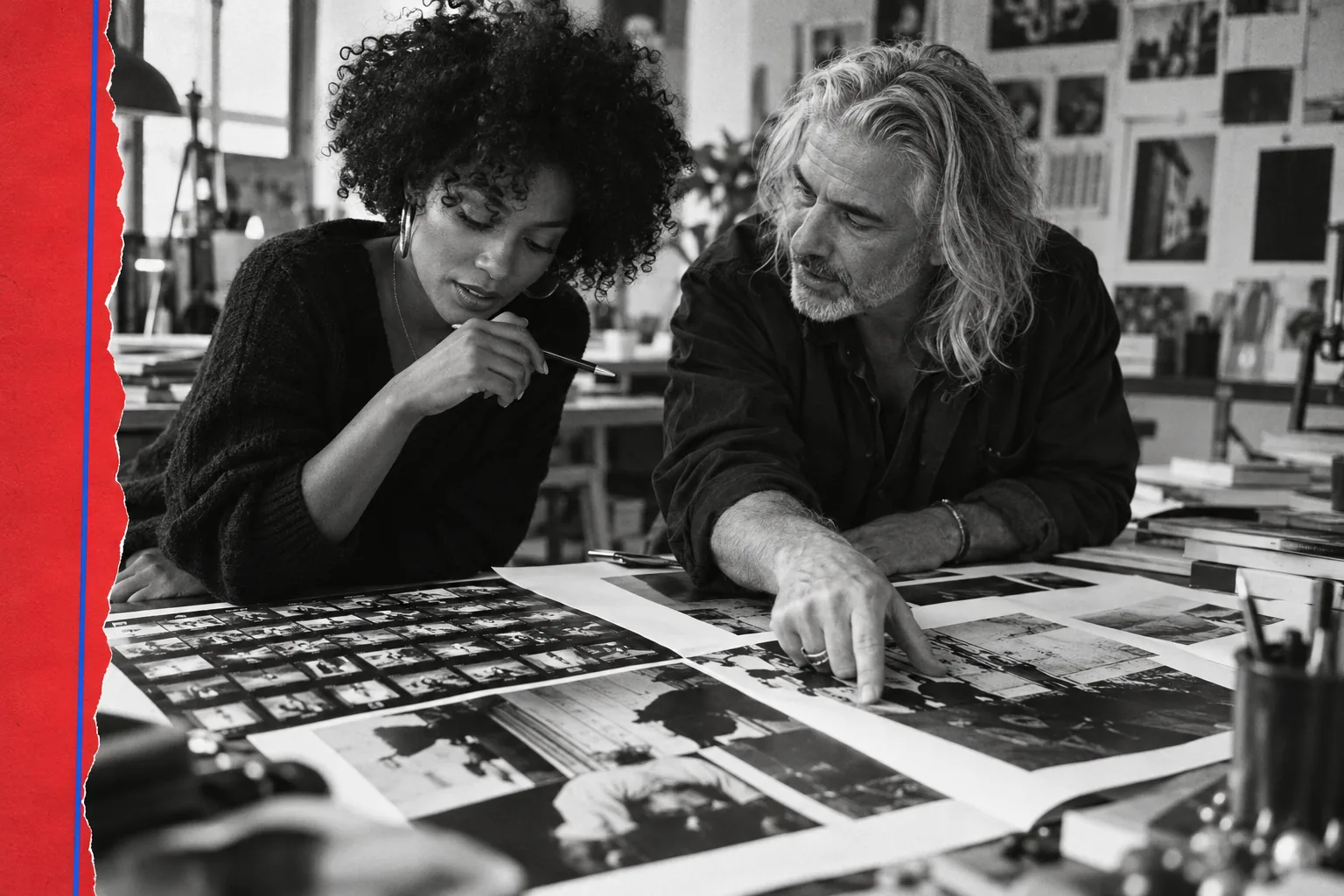 Une journaliste et un directeur artistique comparent une planche-contact et une mise en page.