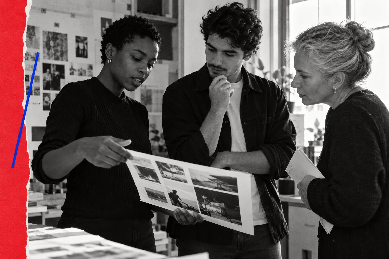Deux personnes en formation présentent un projet de communication à une tutrice.
