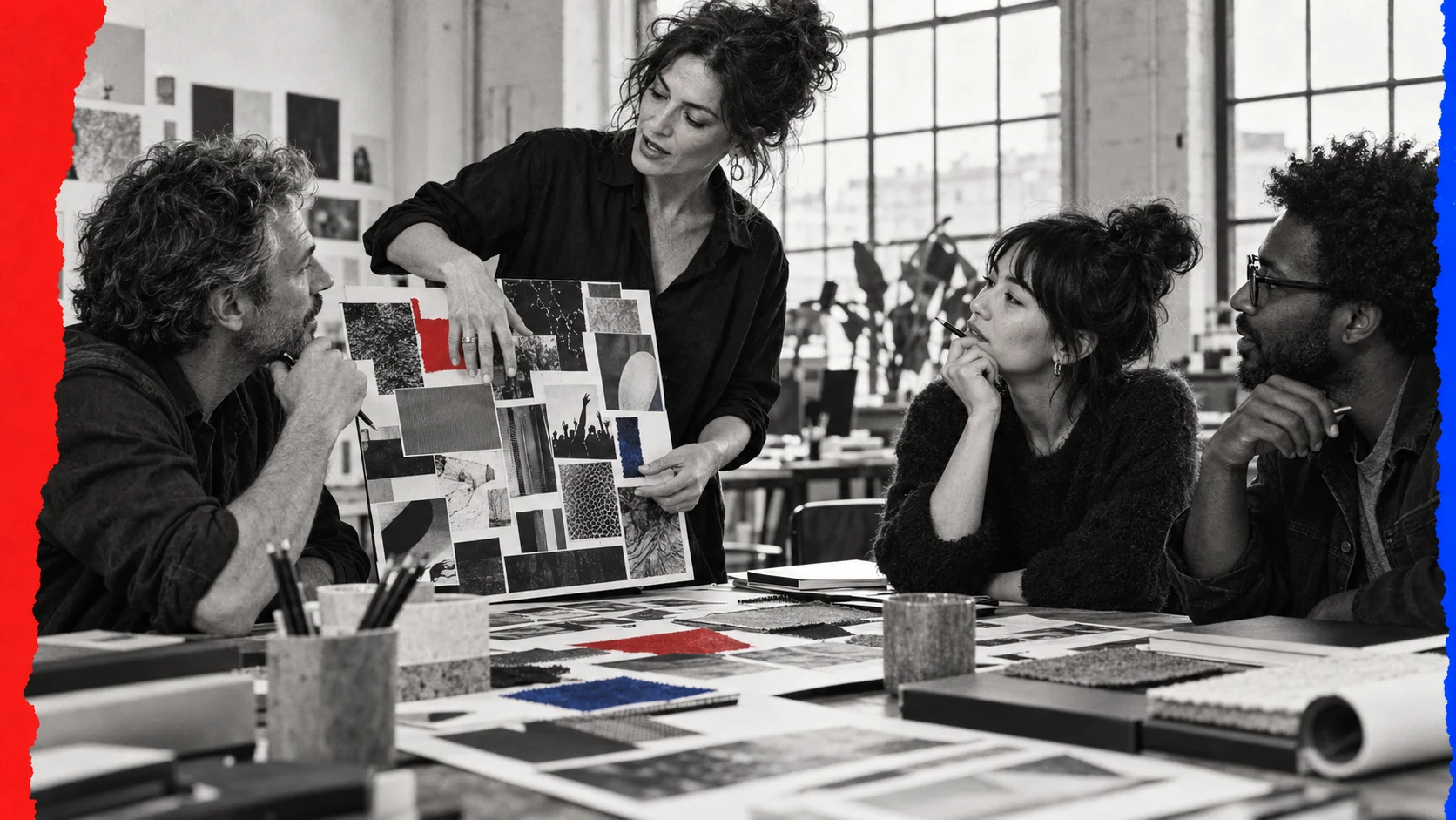 Quatre personnes font avancer un projet ensemble dans un studio créatif.