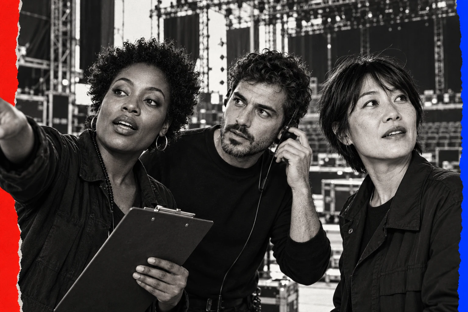 Trois personnes coordonnent un événement en coulisses.
